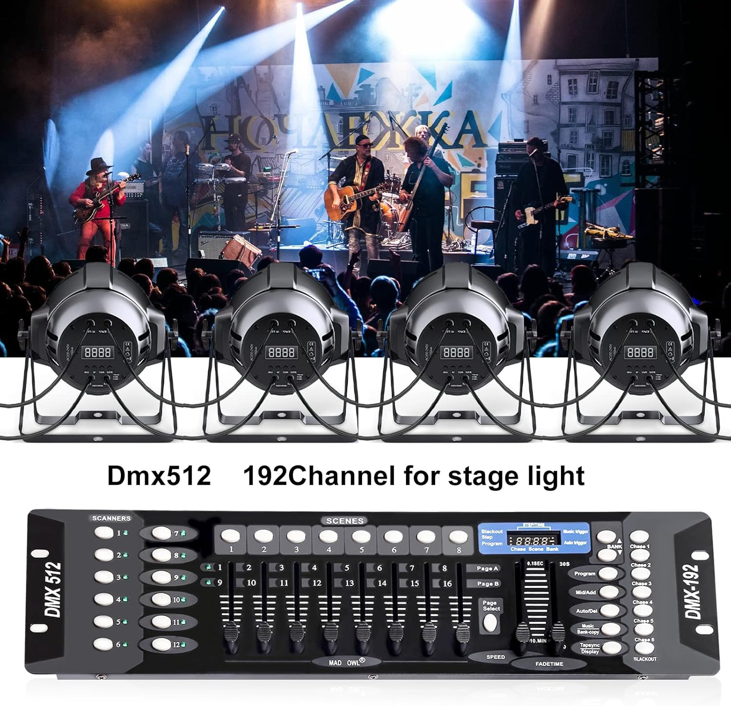 DMX512 Light Controller, 192 Channel DMX Board with 2M/6.6 Ft DMX Cable, DJ Stage Lighting Console
