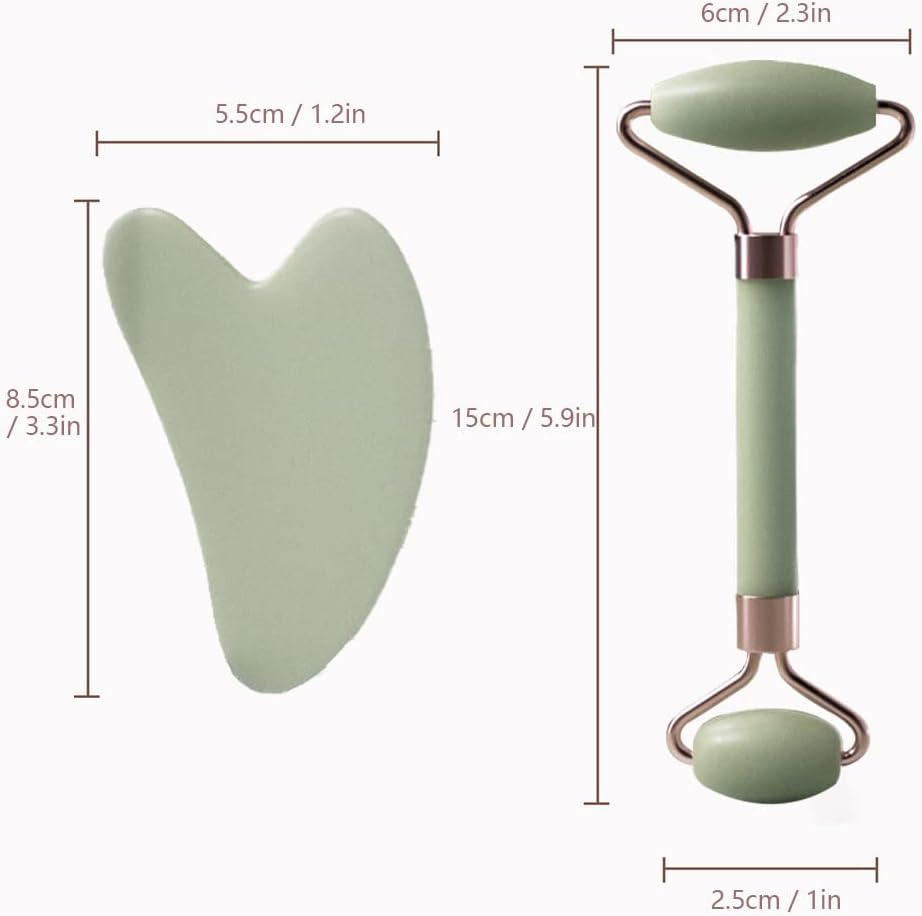 Jade Roller and Gua Sha Set, Face Eyes Neck Face Massager for Skin, for Eye Puffiness, Skin Tightening, anti Aging, Rejuvenate Face, Face Massager for Slimming and Firming (Green) image number 4