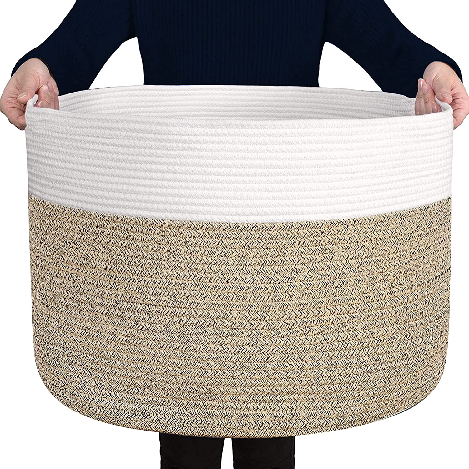 Extra Large 100% Cotton Rope Basket 21.7" &times; 21.7" &times; 13.8", SONPENT Woven Storage Laundry Basket Cotton Basket Pillows Storage Bin with Handle for Living Room Home Decor