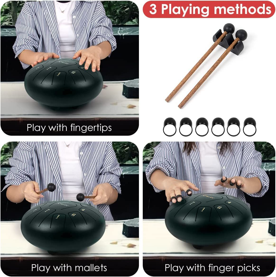 Steel Tongue Drum 10 Inches 11 Notes, Percussion Instrument for Adult Kids, Handpan Drum with Carry Bag, Music Book & Drum Mallets - Green image number 5