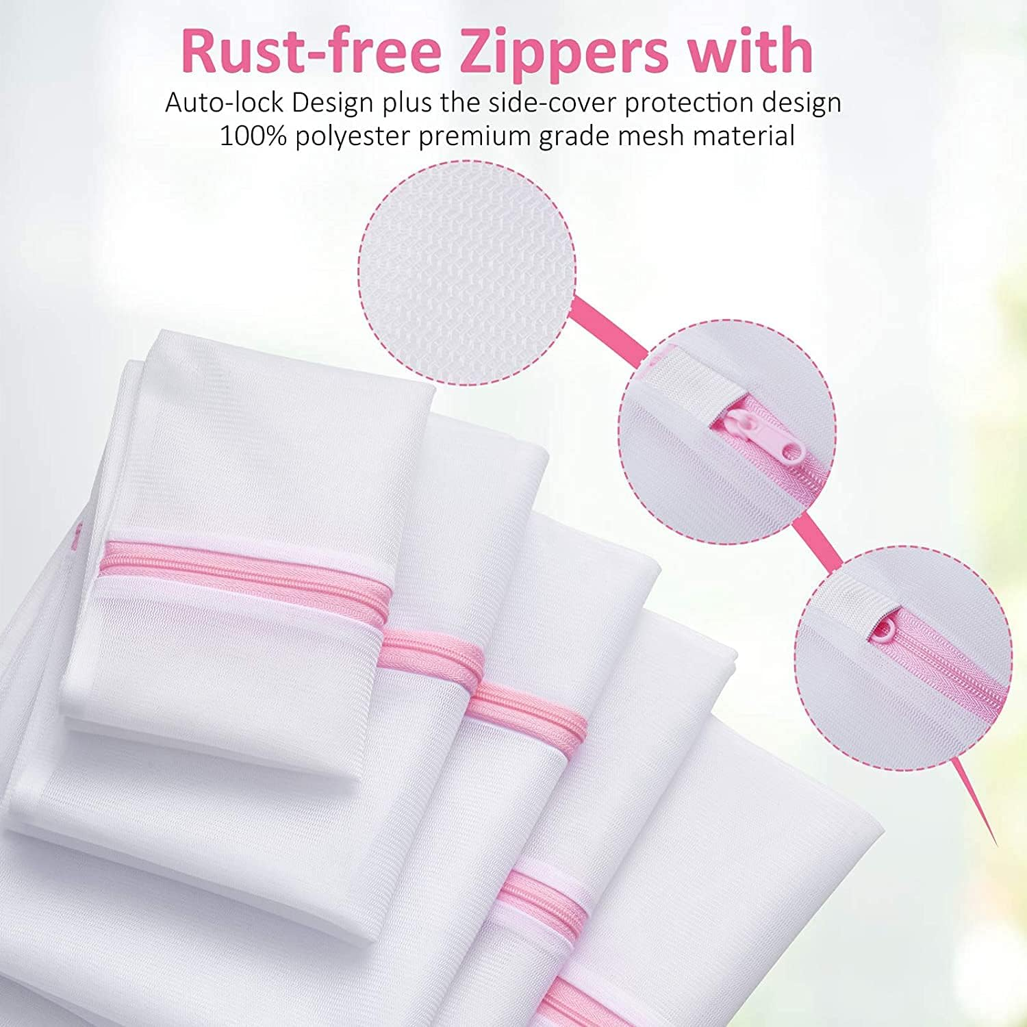AICONEZ 7Pcs Fine/Coarse Mesh Laundry Bags Washing Bags for Delicates with Premium Zipper Blouse, Bra, Hosiery, Stocking, Underwear, Lingerie Travel Storage Organize Bag (Pink Fine Mesh 7Pcs) image number 1