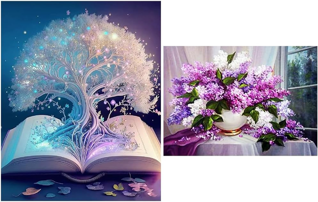 AFUNTA 2 Pieces Diamond Art Painting Kit for Adults, 5D Tree of Life Diamond Art Kit Flowers Crystal Diamond Art Paintings for Home Wall Decoration (15.6 X 19.6 Inch, 19.6 X 12.1 Inch)