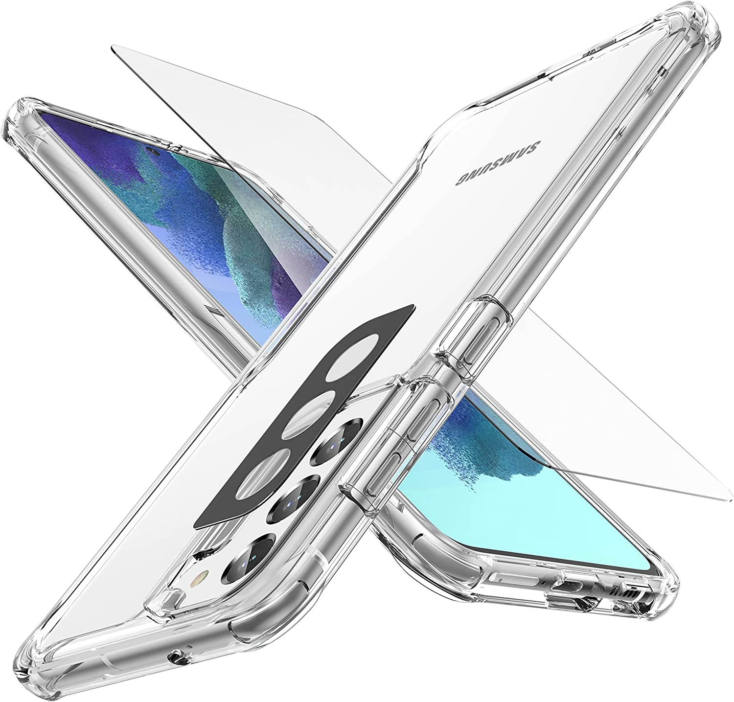 Oretech Compatible with Samsung Galaxy S21 FE Case with [2 X Tempered Glass Screen Protector][Camera Lens Protector] Shockproof Protective Hard PC TPU Clear Case for Galaxy S21 FE Case 5G -6.4" Clear