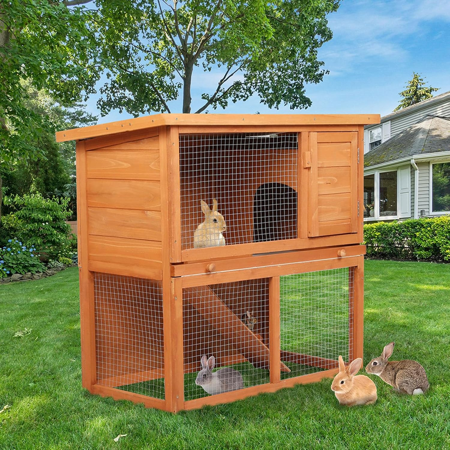 Pawz Rabbit Hutch Chicken Coop Wooden Pet House Outdoor Large, Coops Wooden Pet House Run Cage Walk Guinea Pig Bunny Chook, 2 Storey Metal Doors Stairs Weatherproof image number 1