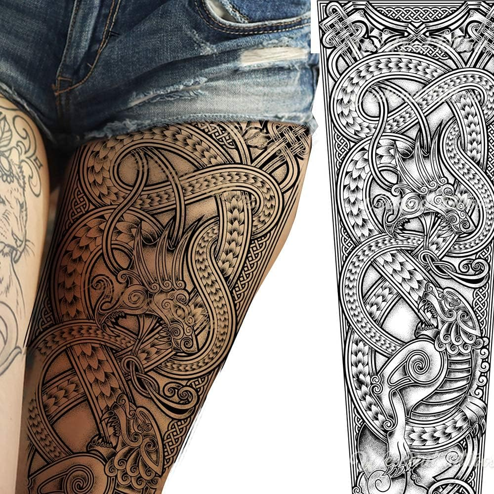 2X Dragon Temporary Tattoo Full Arm Body Art Stickers Nordic Compass Viking Celtic Tribal Middle Ages Medieval Full Adults Kids Men Women Arm Leg Sleeves Fancy Dress Cosplay image number 3