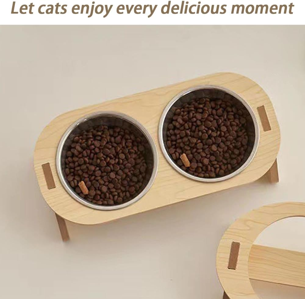 Elevated Cat Bowls Raised Cat Food Bowls, 15&deg;Tilted Stainless Steel Cat Bowls for Cats Puppy Small Dogs, Wooden Cat Food and Water Bowl Stand Feeder image number 6