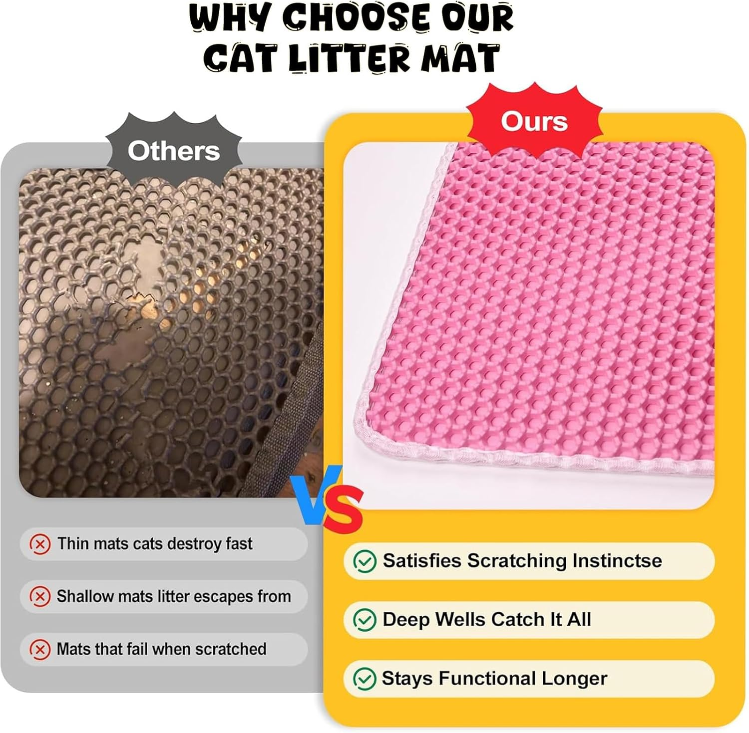 Cat Litter Mat, 24X18 Inches Large Double Layer Honeycomb Cat Litter Trapping Mat, Non Slip Waterproof Urine Proof Cat Litter Box Mat for Floor, Kitty Scratching Litter Rug, Cat Supplies image number 4