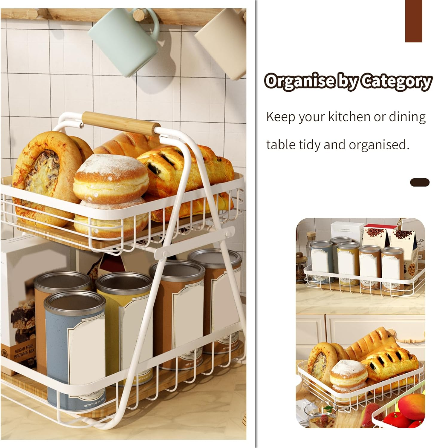 KKC White 2 Tier Fruit Basket for Kitchen, Countertop Fruit Vegetable Basket Bowl for Kitchen Counter Metal Wire Storage Basket Fruits Stand Holder Organizer for Bread Snack Veggies Storage image number 4