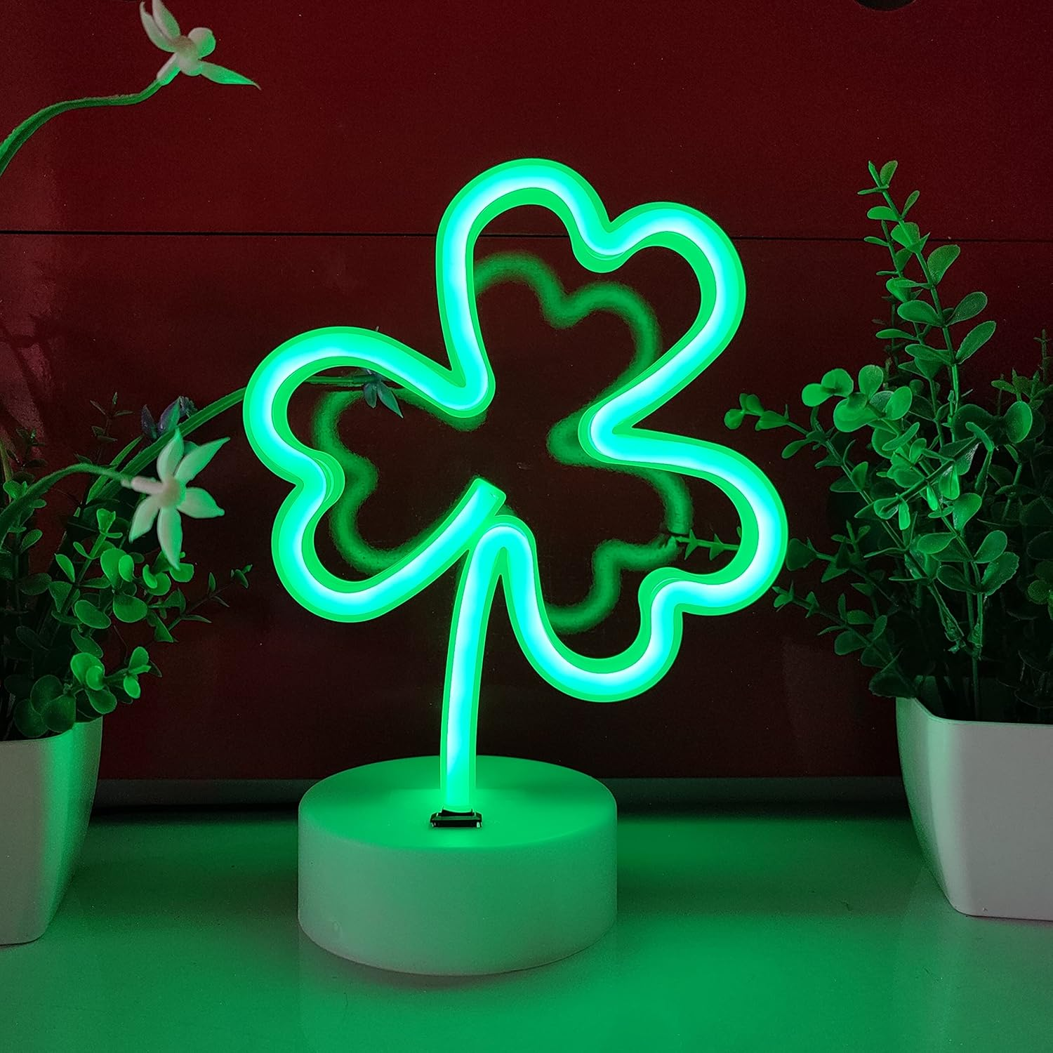 JYWJ Neon Signs with Holder Base,Usb or 3-AA Battery Powered Neon Light,Led Desktop Wall Decoration,Various Parties,Decoration of Business Premises(Clover) image number 1
