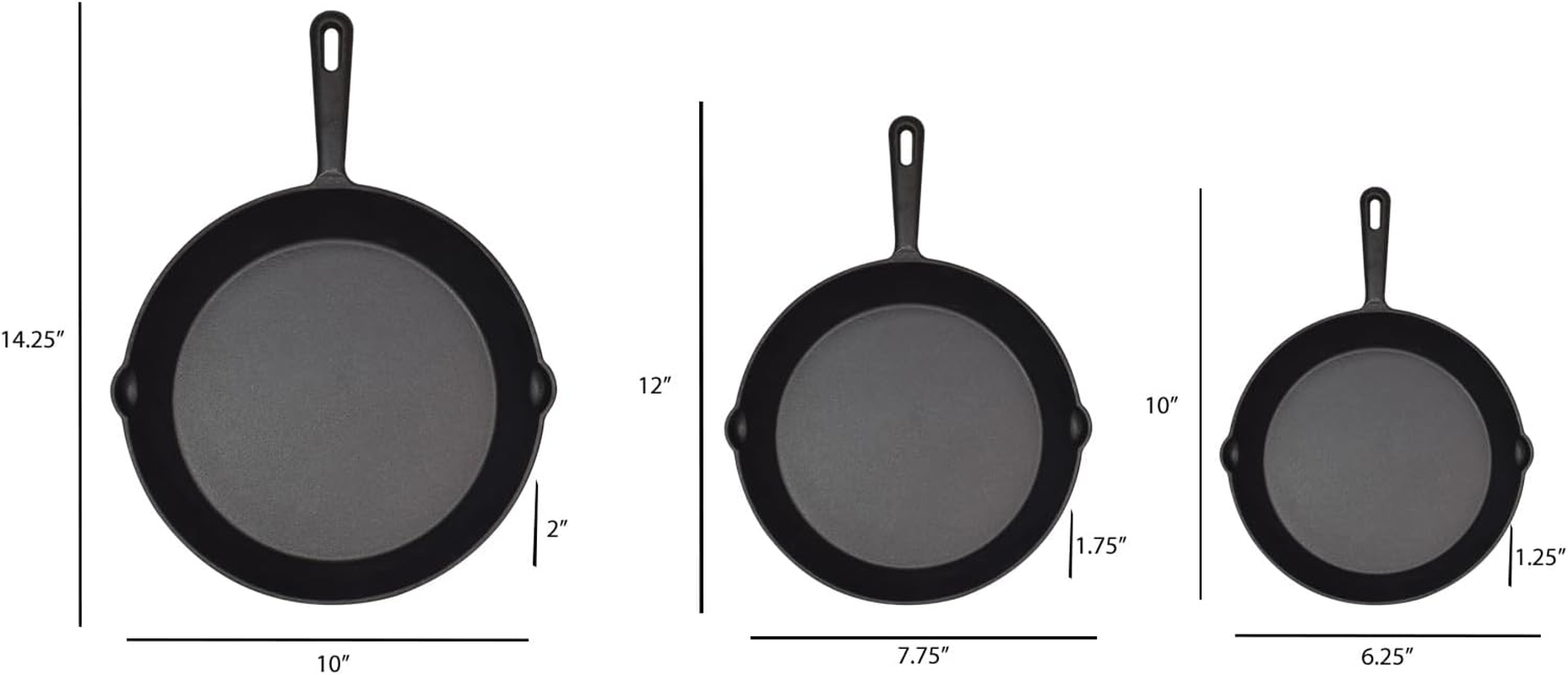 Jim Beam HEA Set of 3 Pre Seasoned Cast Iron Skillets with Even Distribution and Heat Retention-6" 8" 10", 10'', Black