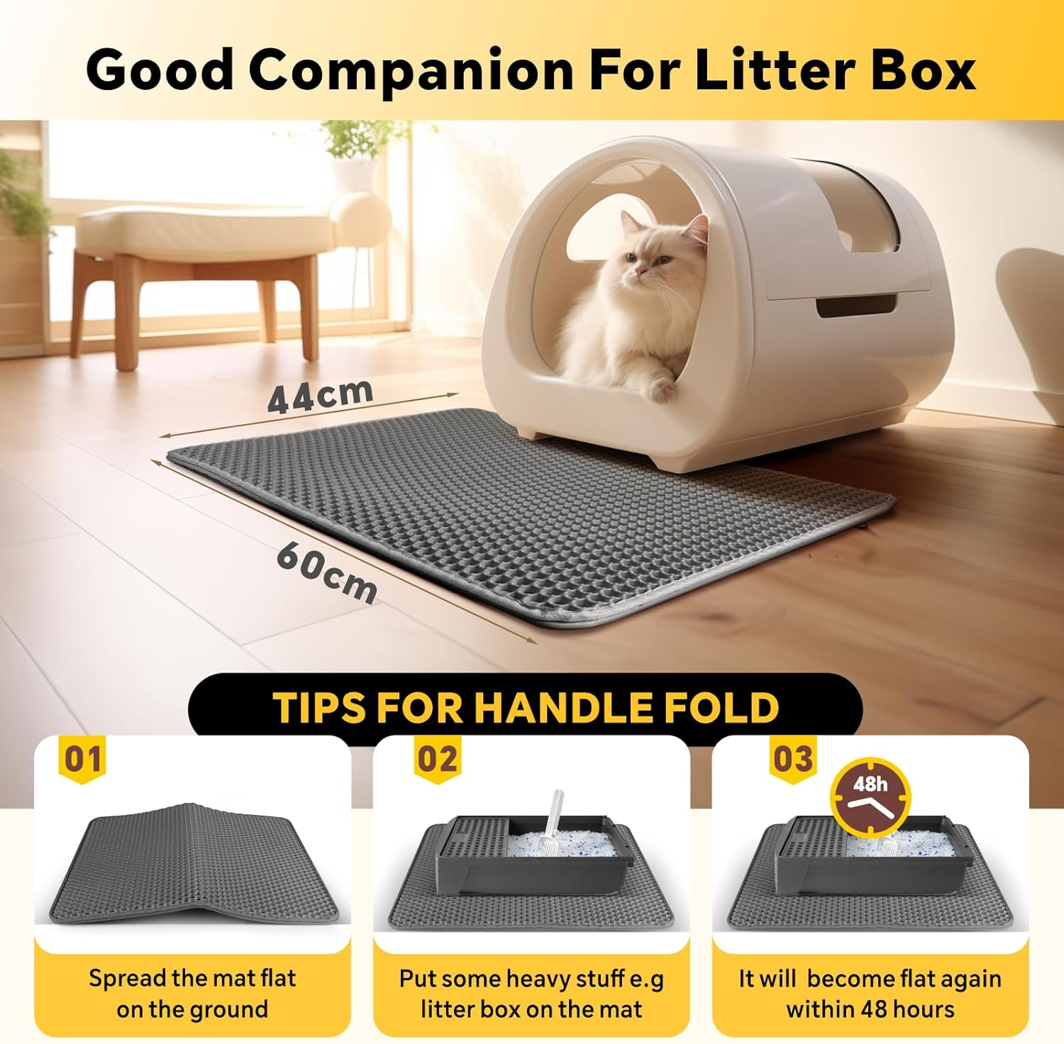 Baytion Cat Litter Mat, Litter Tray Mat 60 X 44 Cm for Cat Litter Box and Cat Toilet, Double Layer Trapping Mat, Big Honeycomb Holes, Waterproof Urine Proof, EVA Material BPA Free (Gray）