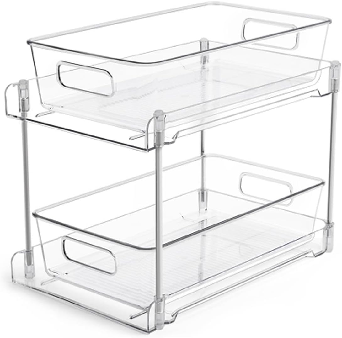 2 Pack Bathroom Organizer, 1Pcs 2 Tier Clear under Sink Vanity Counter Container, Pull Out Storage Organizer, Cabinet Drawers Bins with Track, for Pantry, Bathroom, Kitchen Storage and Organisation image number 1