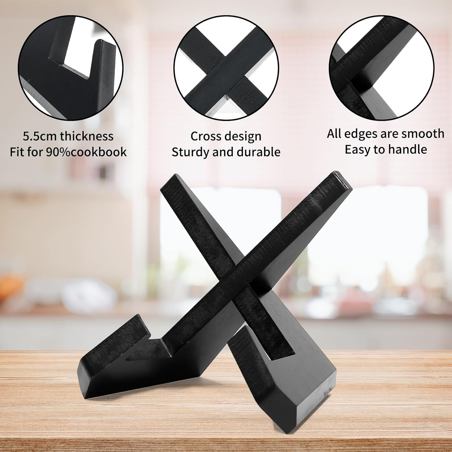 Cookbook Stand for Kitchen, Black Recipe Book Holder for Counter, Wooden Cookbook Holder, Wooden Plate Holder Display Stand for Tabletop image number 2