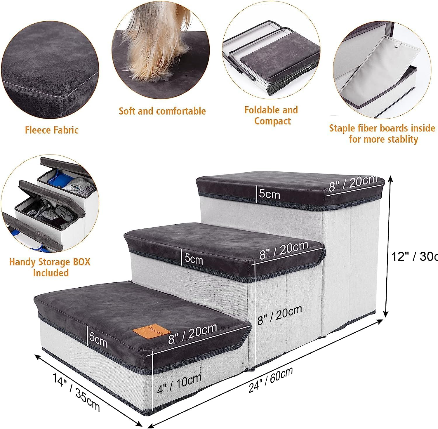 CULOTOL Dog Stairs for Small Pets - 3 Storage Boxes, Foldable Steps for Beds and Couch, Non-Slip Bottom image number 6