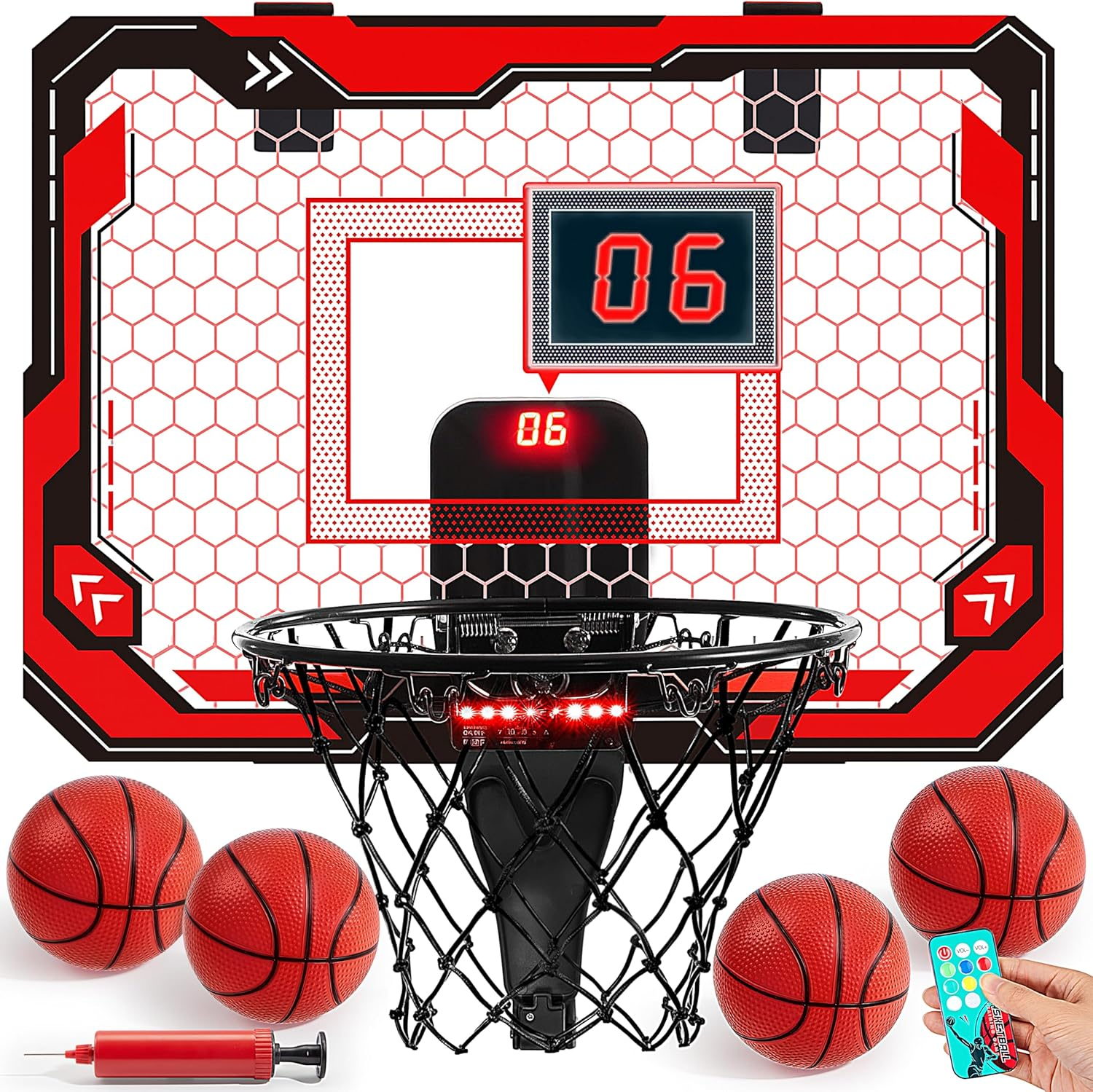 SYNCFUN Mini Indoor Basketball Hoop, Light up over the Door Basket Ball Hoop for Kids with Scoreboard, 4 Balls, Indoor Basketball, Birthday Gifts Toys for Boys Girls Ages 3+ (Red) image number 4