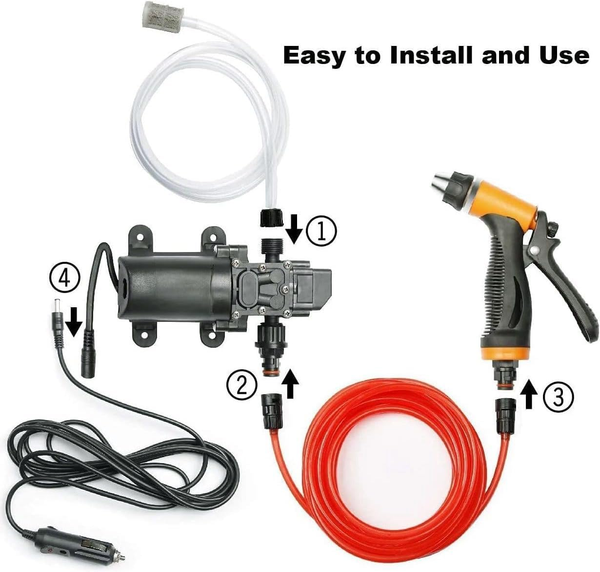 High Pressure Washer Gun, Portable Car Wash Kit, 12V 100W 100PSI Water Pump with Inlet & Outlet Hoses for Car Washing, Gardening, Cleaning, Pet Bathing image number 6