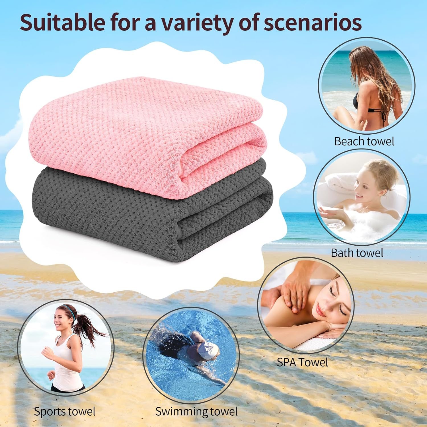 Bath Towels 2 Pack High Water Absorbent Bathroom Towel Set Soft Towels for Bathrooms, Beach, Swimming Pool, Gym, and Spa (Pink+Dark Grey) image number 5