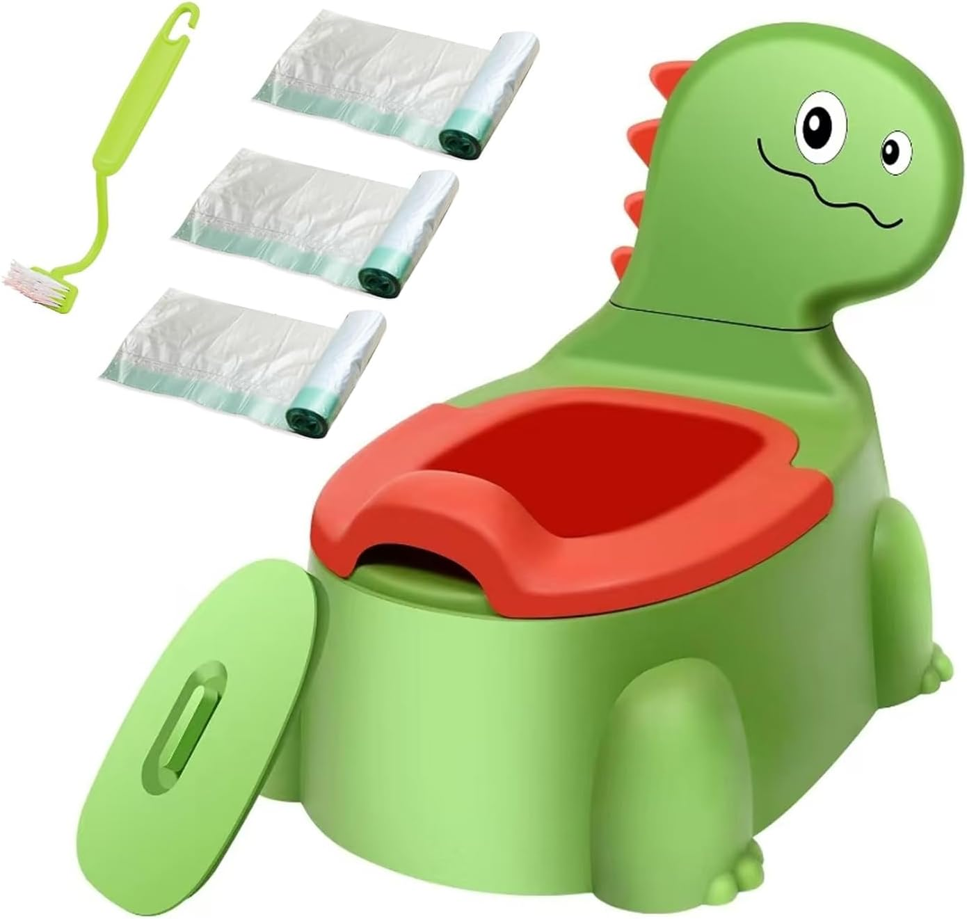 Toddler Potty Training Toilet Chair Boys Girls,Dinosaur Training Potty,Portable Travel Potty with Lid,Splash Guard,Urinal,Non-Slip Pad,Toilet Training Seat with 3 Rolls Cleaning Bags and a Brushes image number 4