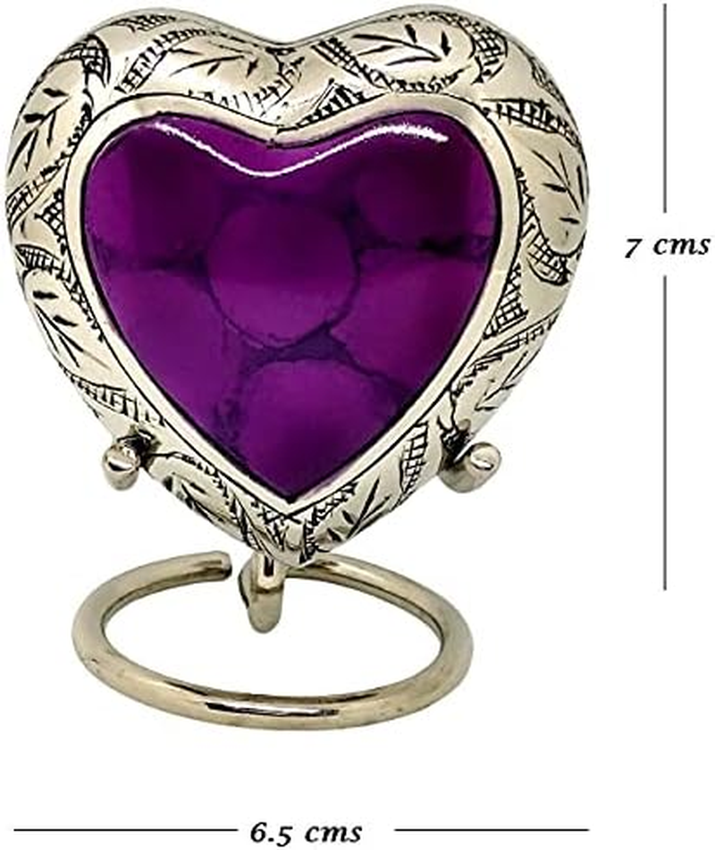 Classic Heart Shape Keepsake Urn for Human Ashes &ndash; with Box and Stand - Lovely Purple Color 7 Cms High