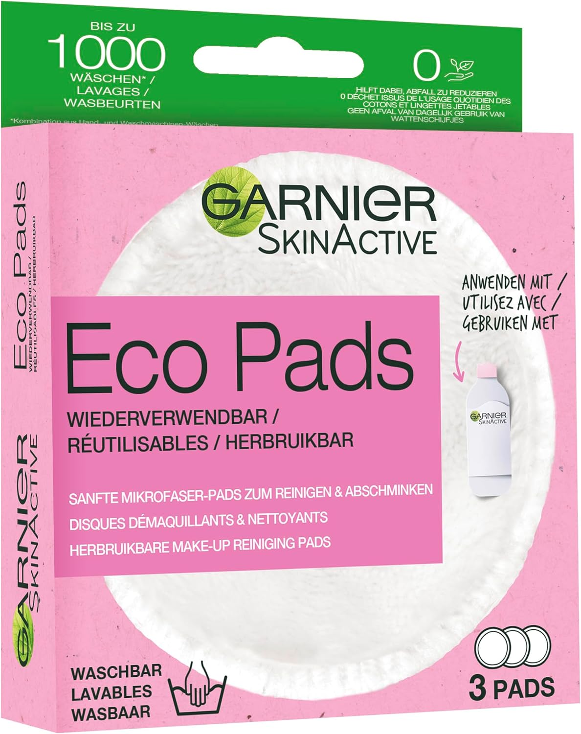 Garnier Washable Make-Up Pads for Cleansed and Soft Skin, Made of Microfibre for Gentle Facial Cleansing and Make-Up Removal, Reusable, Skinactive Eco Pads, 1 X Pack of 3