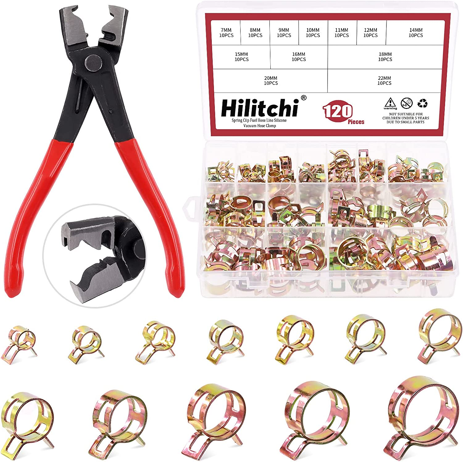 Hilitchi 121Pcs 12 Sizes Spring Band Hose Clamp Kit, 7MM-22MM Low Pressure Air Clip Clamp with Hose Clip Pliers, Fuel Line Hose Clips Silicone Vacuum Hose Clamp Fastener
