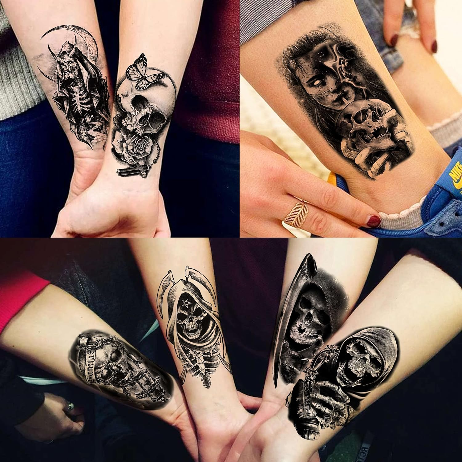 236+ PCS 45 Sheets Halloween Temporary Tattoos for Kids Zombie Makeup Kits 3D Bats Spider Web Witch Small Black Ghost Pumpkin Face Stitches Fake Scar Tattoo Stickers for Women Adult Men Skull image number 3