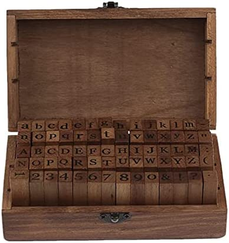Alphabet Letters Stamps Wooden Rubber Alphabet Letter Multipurpose Number Stamps Stamper Seal Set in a Wooden Box Case Set of 70Pcs