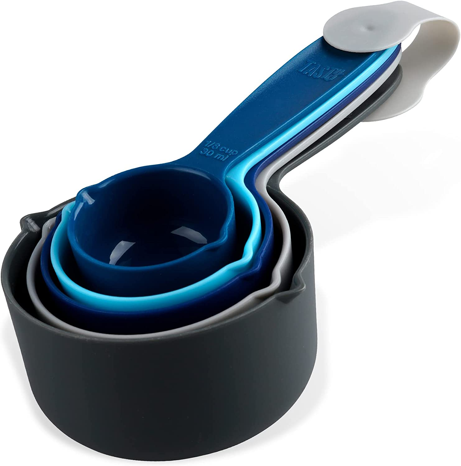 Tasty 5-Piece Measuring Cups Set for Baking, Nesting Plastic Cups, Light Blue, Blue, Grey - 1/8, 1/4, 1/3, 1/2, 1 Cup