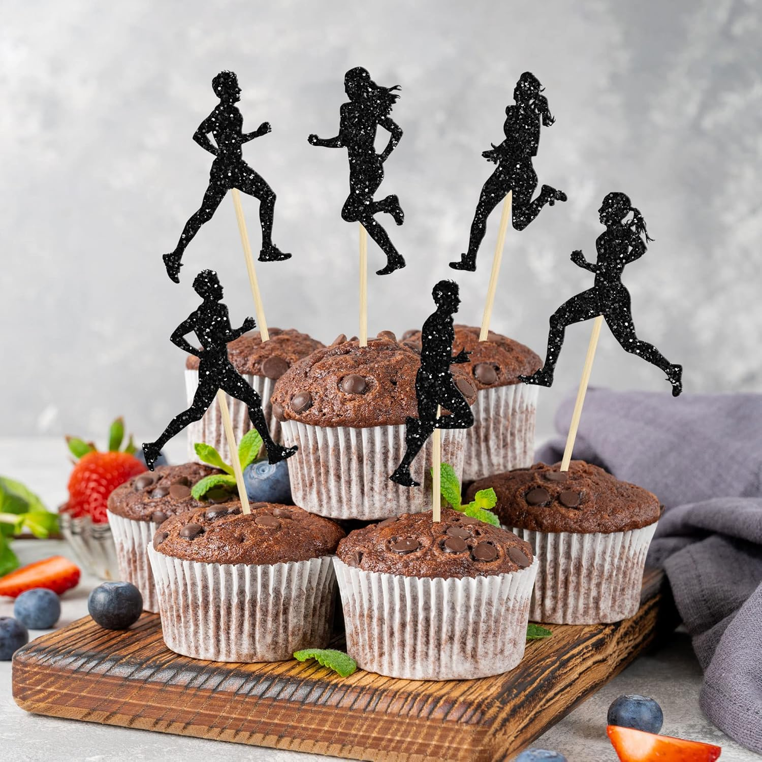 24Pcs Running Cupcake Toppers Black Glitter Sports Fitness Cupcake Picks for Running Theme Boys Girls Birthday Party Cake Decorations Supplies image number 1