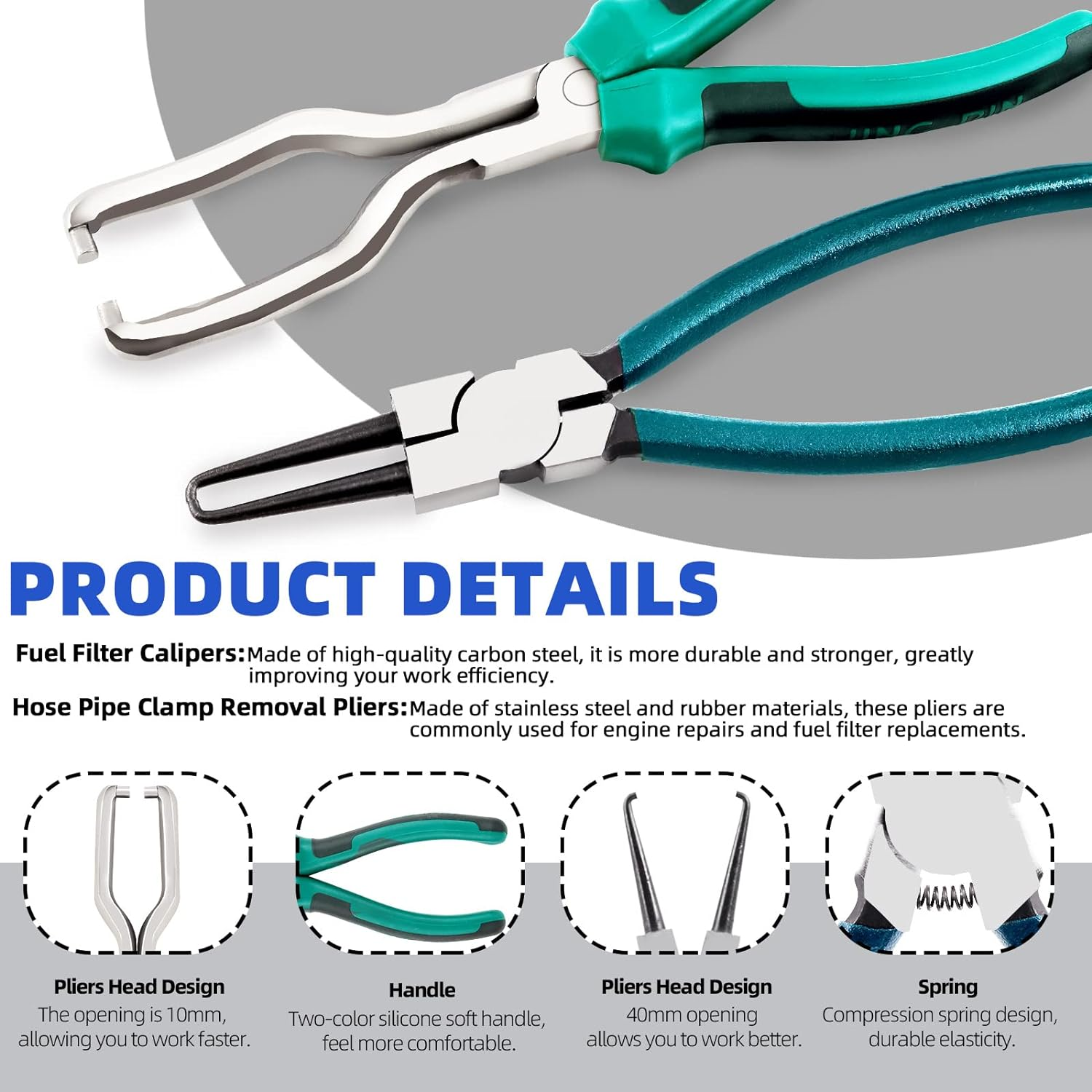 Glarks 10Pcs Fuel Line Pliers Kit, 9 Inch Fuel Filter Calipers and Hose Pipe Clamp Disconnect Release Removal Pliers and 4 in 1 Snap Ring Pliers with 7Pcs AC Fuel Line Disconnect Tool Set image number 3