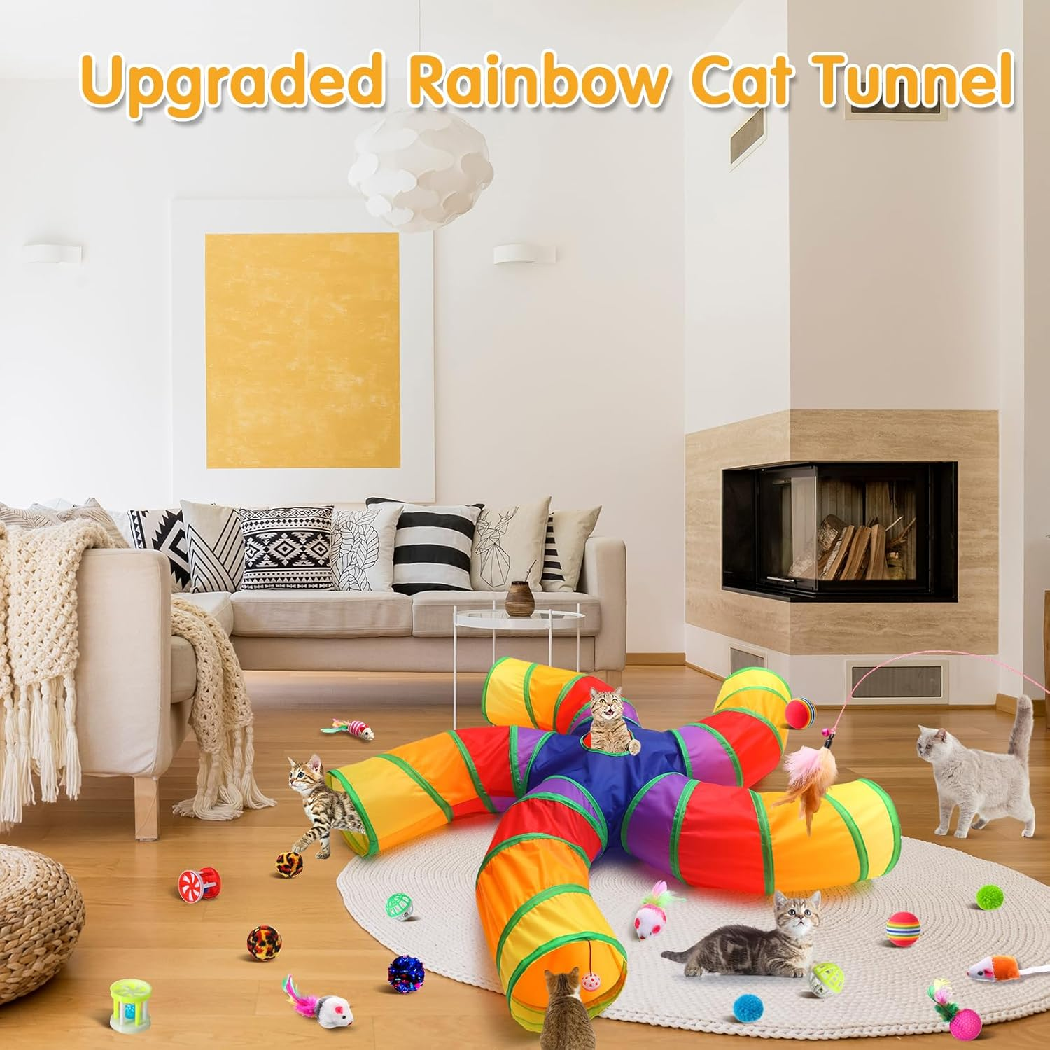 Poen 21 Pcs Cat Tunnel for Indoor Cats Set Collapsible 5 Way Cat Tubes with 20 Pcs Cat Toys Kitten Toys Interactive Cat Feather Toy Mouse Crinkle Balls Cat Tube for Puppy Kitten Rabbit(Colorful) image number 1