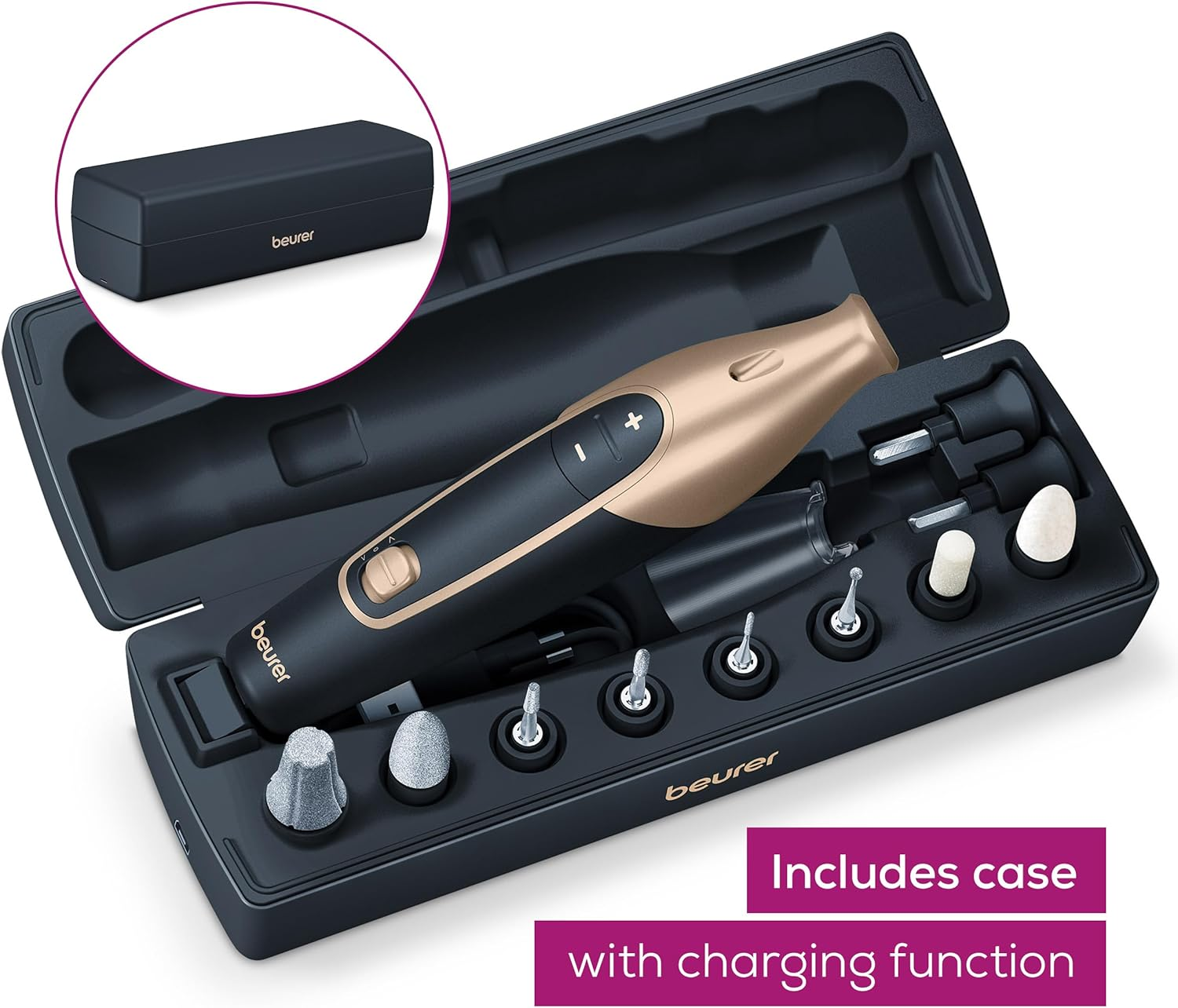 Beurer MP 84 Special Edition Manicure Pedicure Set Electric Nail File with Battery 10 Tips LED Light with Storage Case up to 4400 RPM Nail Cutter for Hand and Foot Care Black image number 1