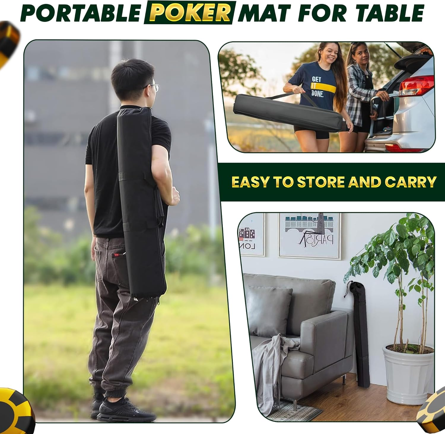 Poker Mat 70 X 35 Inch/180X90Cm - 8-10 Players Texas Hold'Em Poker Rubber Mat Poker Topper for Tables, Folding Portable Poker Table Top with Carrying Bag for Poker Games, Blackjack, Casino (Green) image number 6