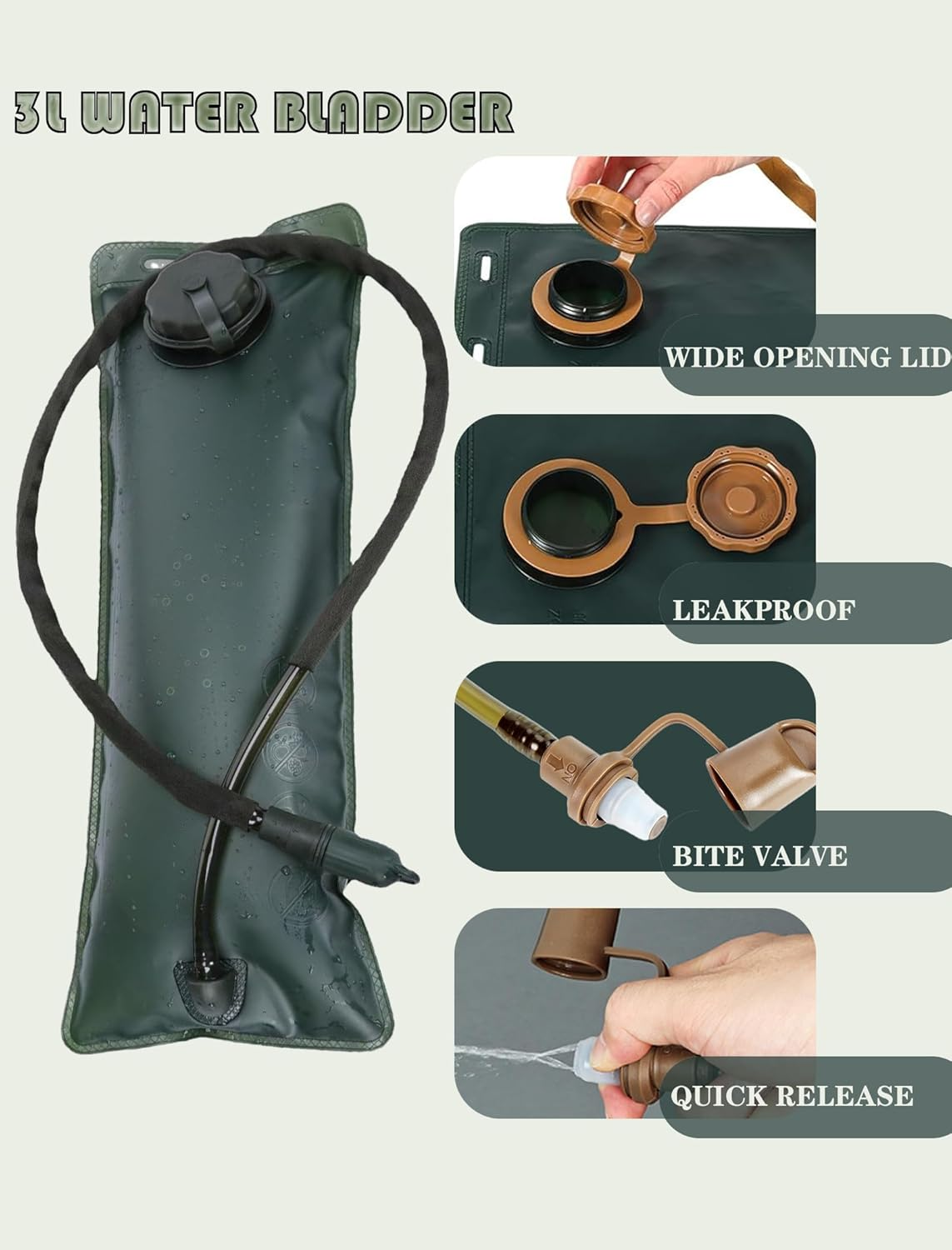 3L Water Backpack for Hiking, Pocket Tactical Hydration Pack, Outdoor Cycling, Lightweight Hydration Backpack, Jogging for Fitness, Durable and Comfortable, Khaki image number 2