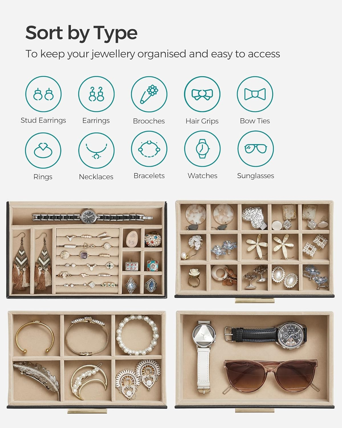 SONGMICS JBC161B02 4 Tier Jewellery Box with Glass Lid 3 Drawers Sunglasses Large Jewellery Storage Modern Graphite Black Gold image number 3