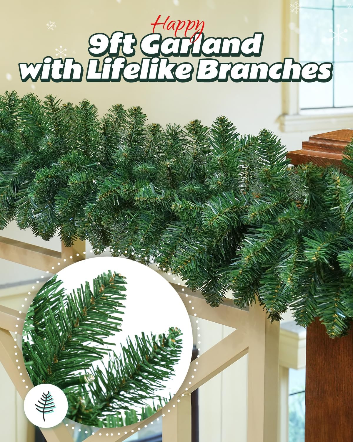 9Ft Christmas Garland with LED Lights Battery Operated, Prelit Xmas Garland for Mantle, Fireplace, Stairs Railing, Artificial Christmas Garland Indoor and Outdoor Decorations image number 3