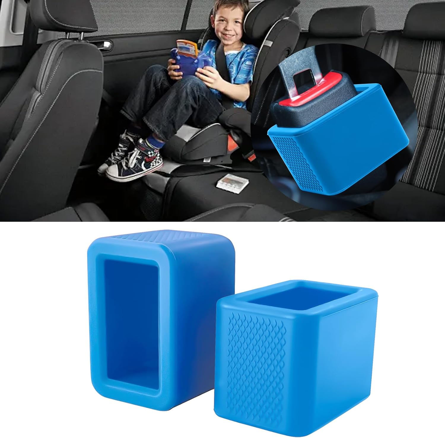 2 Pack Silicone Seat Belt Buckle Holder, Seat Belt Buckle Booster for Kids, Durable Silicone Material, Easy Access to the Buckles of Rear Seats, Car Accessories, Suitable for Most Car Models (Blue)