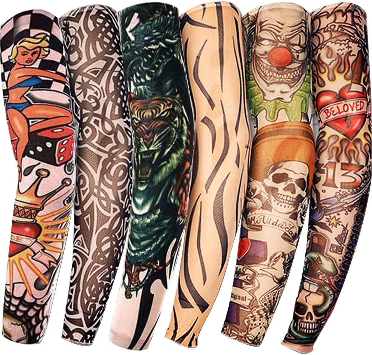 6 Pack Temporary Tattoo Arm Sleeves Arts Fake Slip on Arm Sunscreen Sleeves Body Art Stockings Protector - Designs Tribal, Tiger, Dragon, Skull, and Etc Unisex Stretchable Cosplay Accessories image number 4