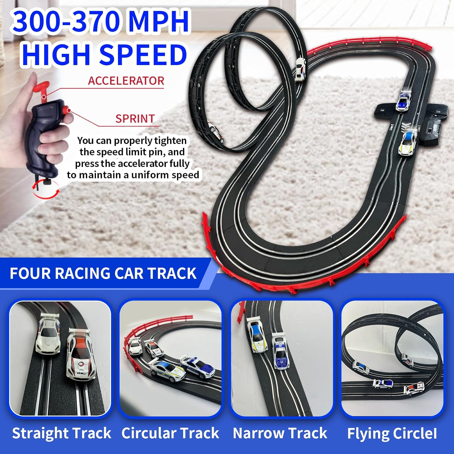 Slot Car Race Track Sets with 4 Light-Up Slot Cars, Battery or Electric Car Track, 2 Adjustable Speed Hand Controls, Track Parts and Lap Counter, Gifts Toys for Boys Girls Kids Age 4 5 6 7 8-12 image number 5