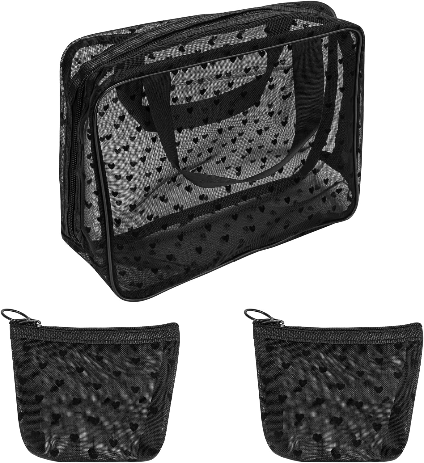 Mesh Makeup Bags, Heart Print Zipper Mesh Storage Pouch, Travel Cosmetic Accessories Organizer for Women, Black-Set of 3