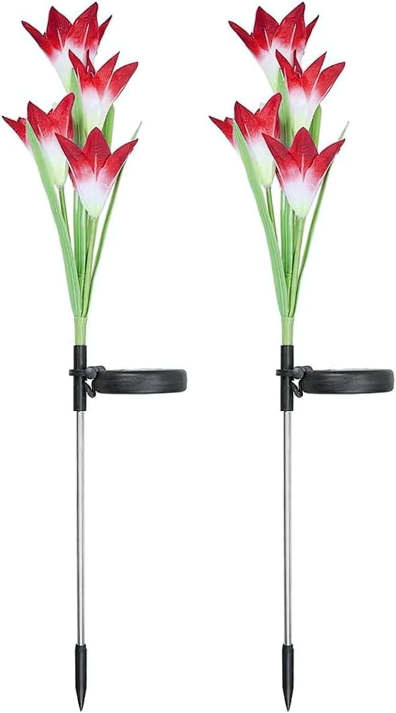 EZONEDEAL Solar Flower Lights Outdoor, 2 Pcs Lily Flower Solar Garden Lights, Stake Lights Artificial Flowers Led Solar Lights Outdoor for Garden Patio Pathway Walkway Lawn Yard Decoration (Red) image number 3