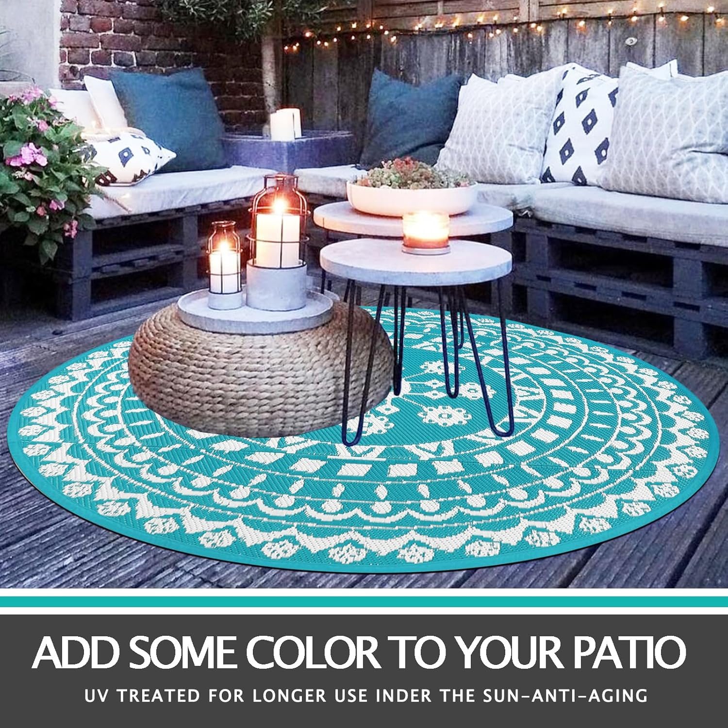 Capslpad round Outdoor Rug for Patio 150Cm Boho Reversible RV Mat Waterproof Outdoor Plastic Straw RV Camping Rug outside Circle Area Rug for Porch Deck Terrace Picnic Beach Apartment Pool Decor,Teal image number 4