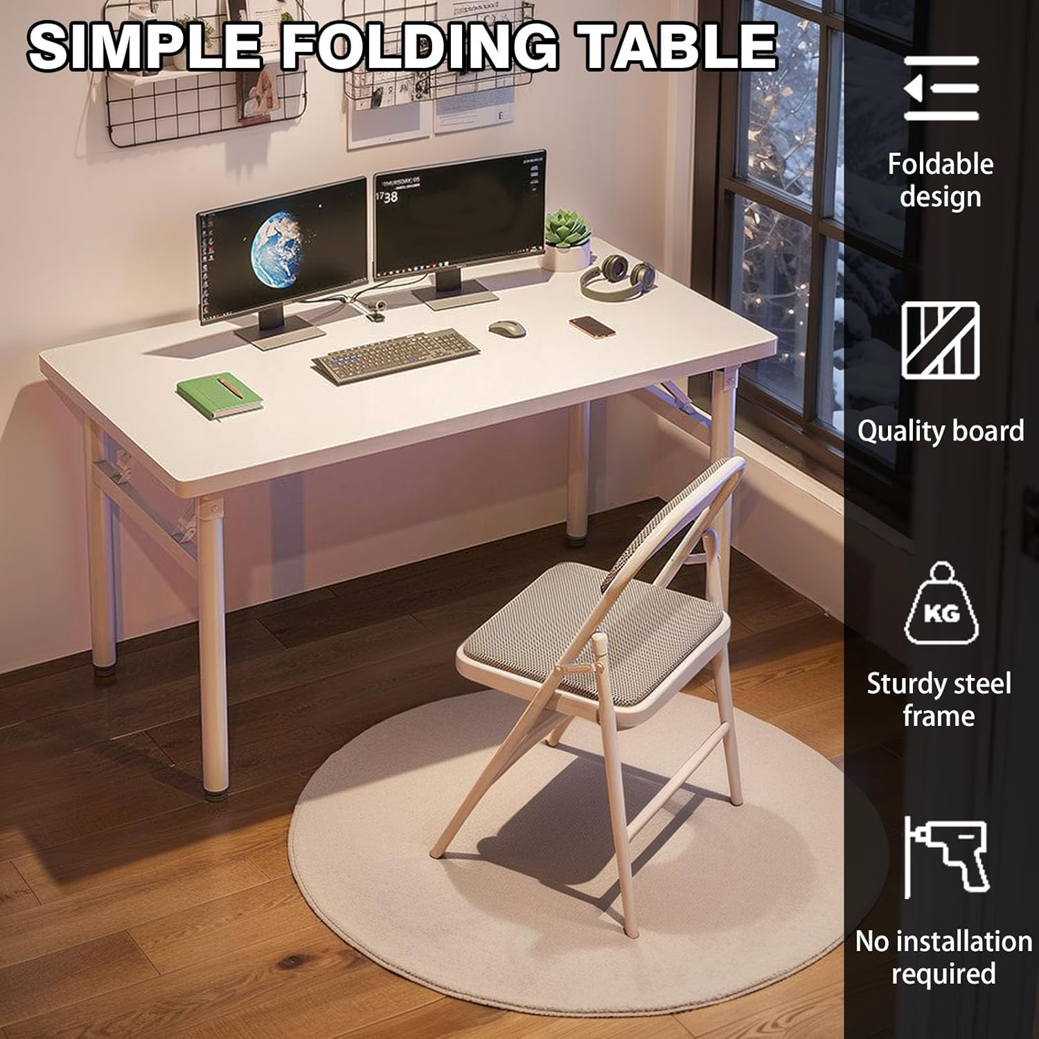 Folding Table, Small Foldable Desk, No Installation Requiredcomputer Desk, Writing Workstation for Home，Office,Bedroom（White） image number 1