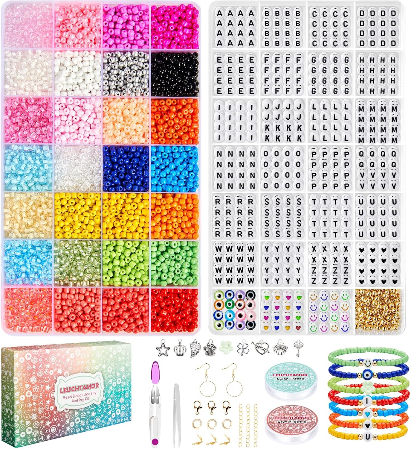 LEUCHTAMOR 4Mm Glass Seed Beads, 6600Pcs 28 Colors Seed Beads for Bracelets, 1000Pcs Letter Beads for Making Name Friendship Bracelets Jewelry Crafts in Plastic Box with Elastic Cord for Adult image number 3