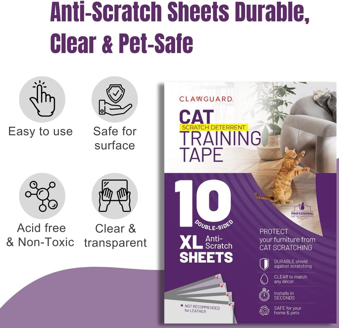 CLAWGUARD Cat Training Tape 10 XL Sheets - Deters Cats from Scratching - Stop Clawing Furniture and Surfaces - anti Scratch Shields for Cats - Cat Scratch Protectors for Sofa, Screen, Doors, Drapes image number 6