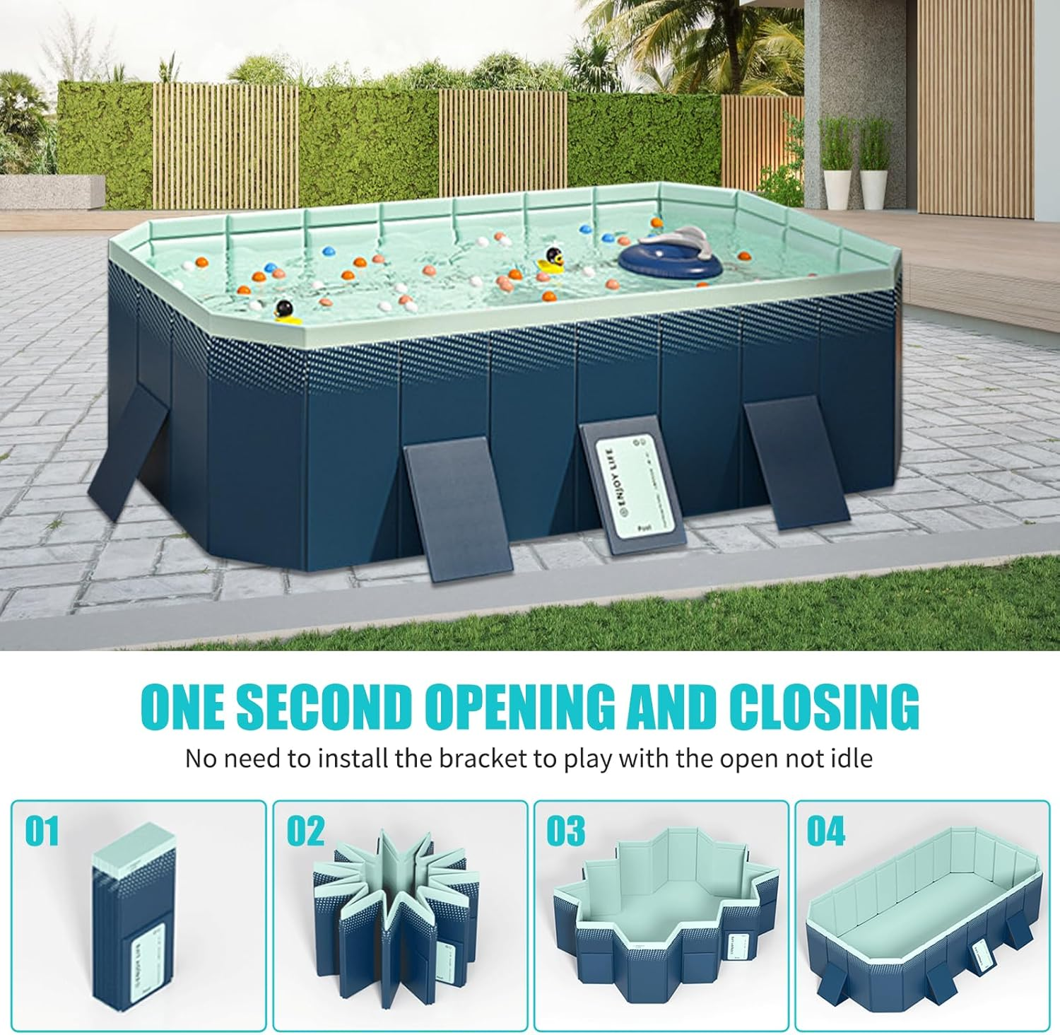 Large Foldable Swimming Pool, Non-Inflatable Kids' and Adults' Outdoor Swimming Pool, Anti-Slip PVC Family Pool with 10 Ocean Ball, Summer Water Party for Outdoor, Garden, Backyard (116 * 65 * 22 In) image number 5