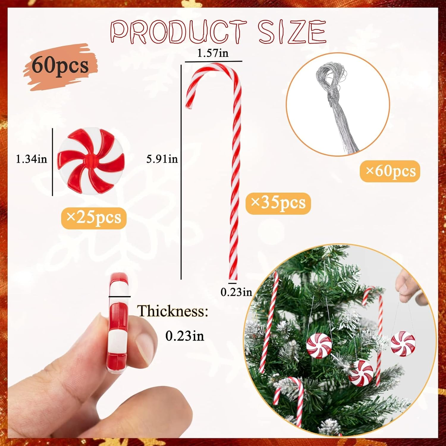 60Pcs Candy Canes Christmas Tree Decorations-Plastic Peppermint Candy Cane Ornaments for Christmas Tree Decor Candy Lollipop Craft Christmas Party Supplies image number 5