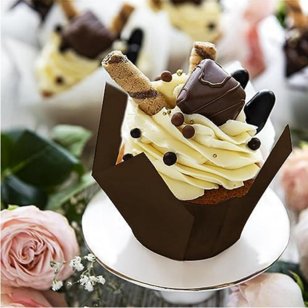 Tulip Cupcake Liners, 200Pcs Baking Paper Cups, Cupcake Muffin Liners Wrappers, Baking Cups Muffin Tins Treat Cups for Weddings, Birthdays 2Inch (Brown, Natural and White) image number 3