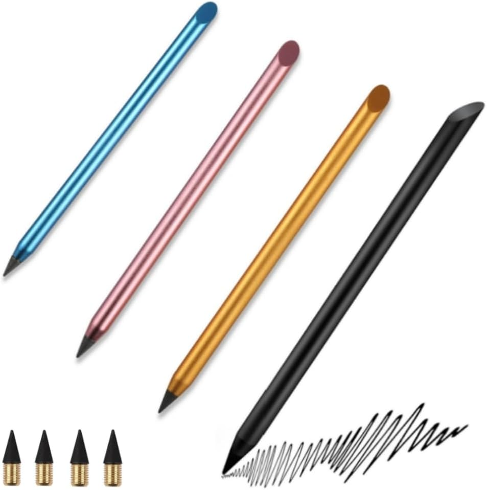 4 Pcs Forever Pencil,Metal Inkless Pencils Eternal, Metal Mechanical Pencil 0.5, Erasable Pens, Unlimited Writing Eternal Pencil, Infinity Reusable Mechanical Pencil with 4 Replaceable Nib image number 4