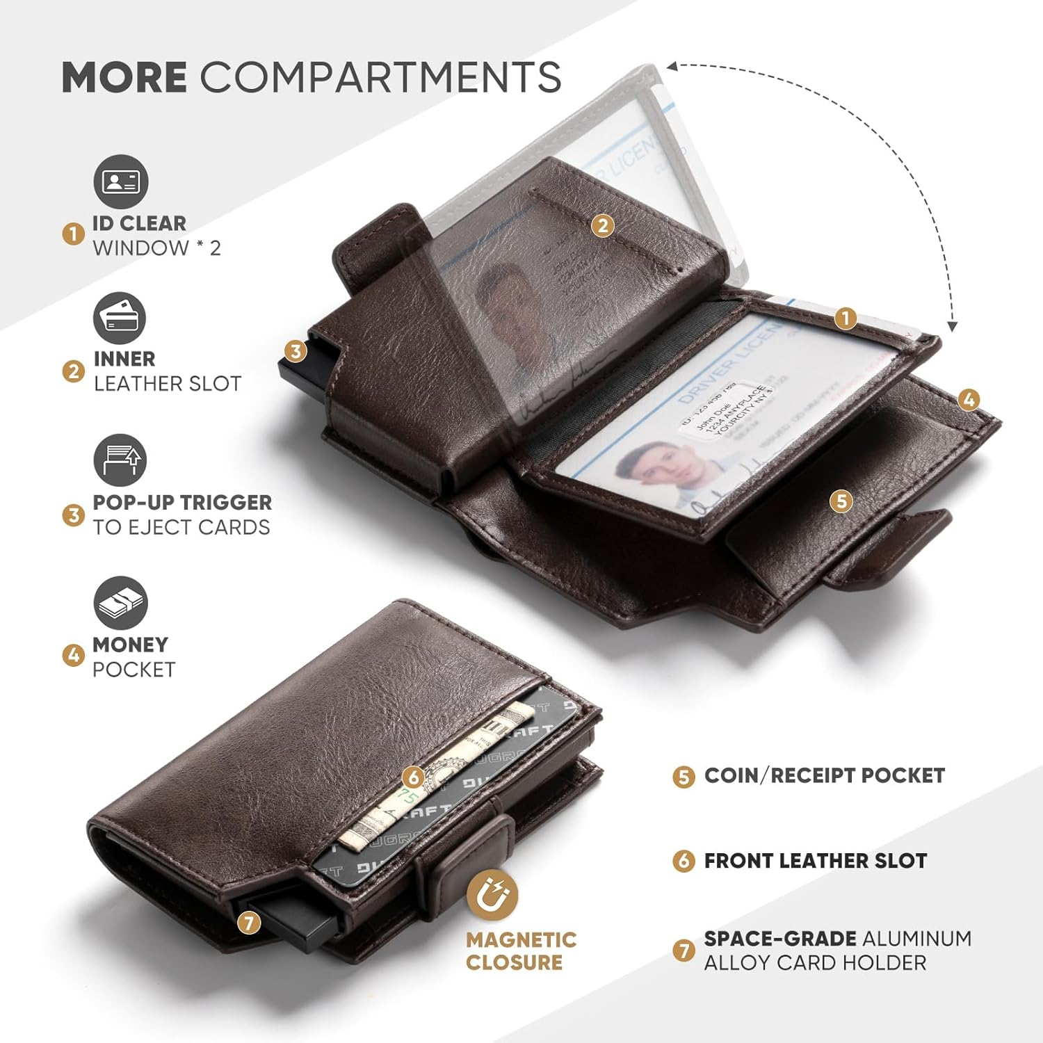 DUGRAFT Card Holder Wallet with Coin Pocket Magnetic Closure RFID Blocking Pop up Cards with ID Window & Money Organizers (Dark Brown) - Brown image number 4